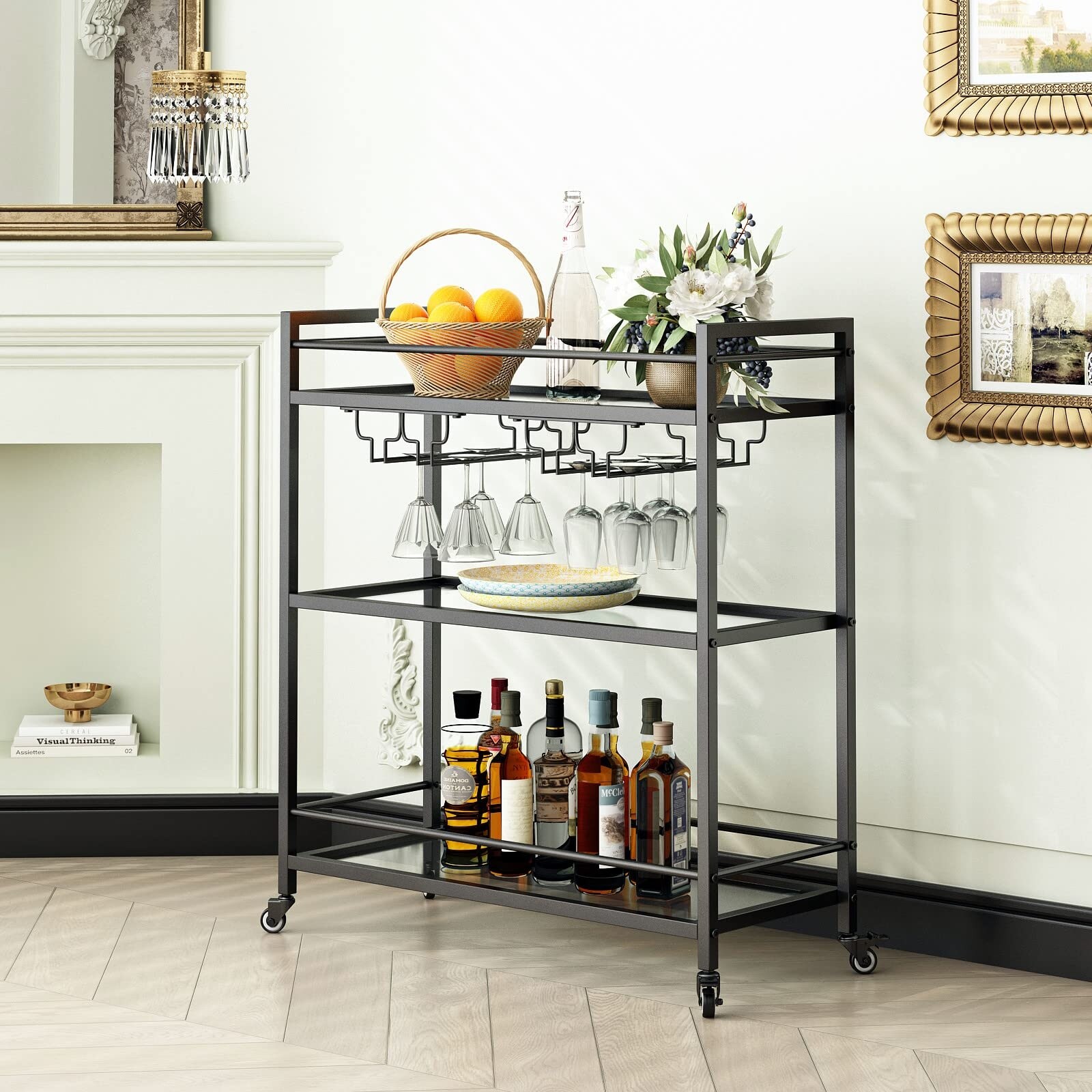 Glass Black Bar Carts for Home with Hanging Wine Rack Home Bar