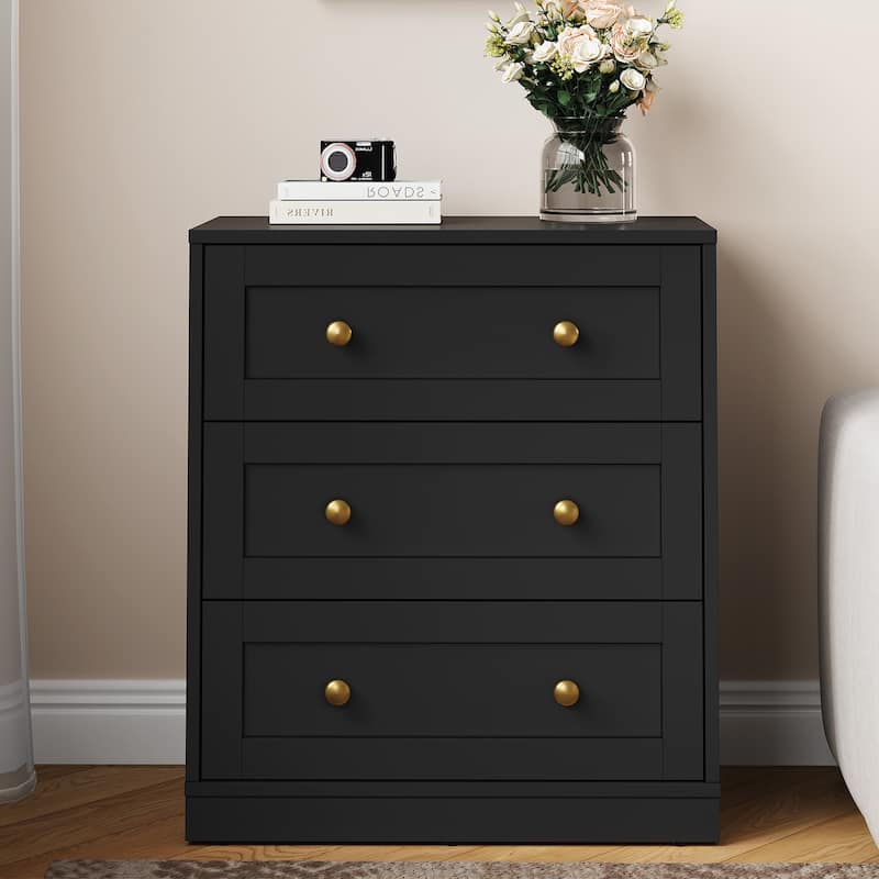 Modern Night Stand with 3 Drawers - Black