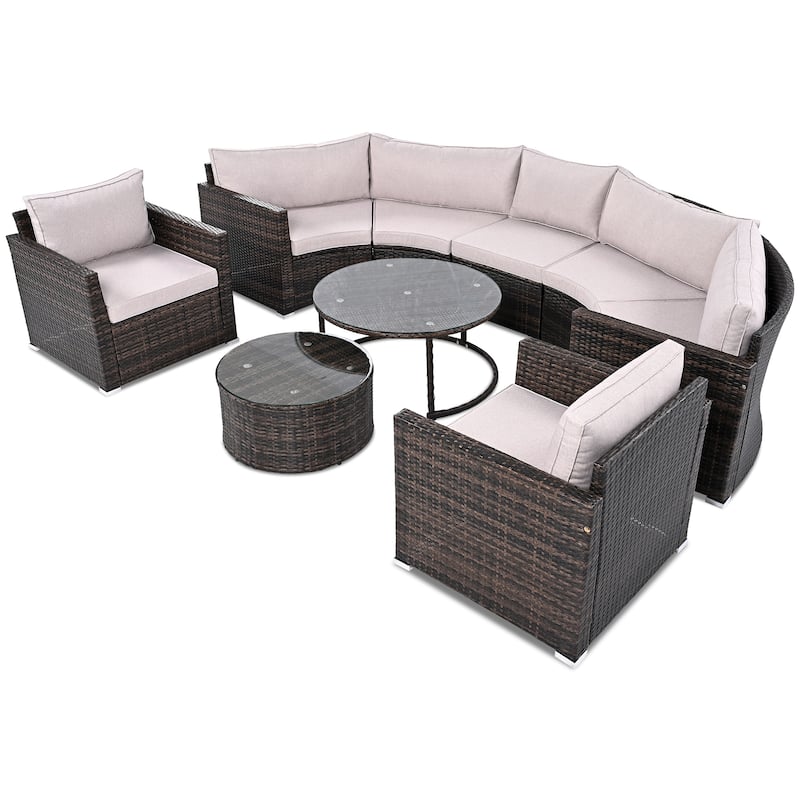 9-Piece Curved Outdoor Wicker Sectional Sofa Set with Overlapping Coffee Tables, Cushions, Modular Half-Moon Design