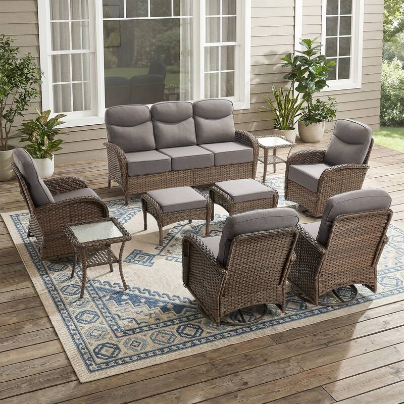 Pocassy Outdoor Sofa Swivel Chair and Ottman with Fire Pit Table - Brown Wicker Gray Cushion - 9-Piece Sofa Swivel Chiar with Ottoman