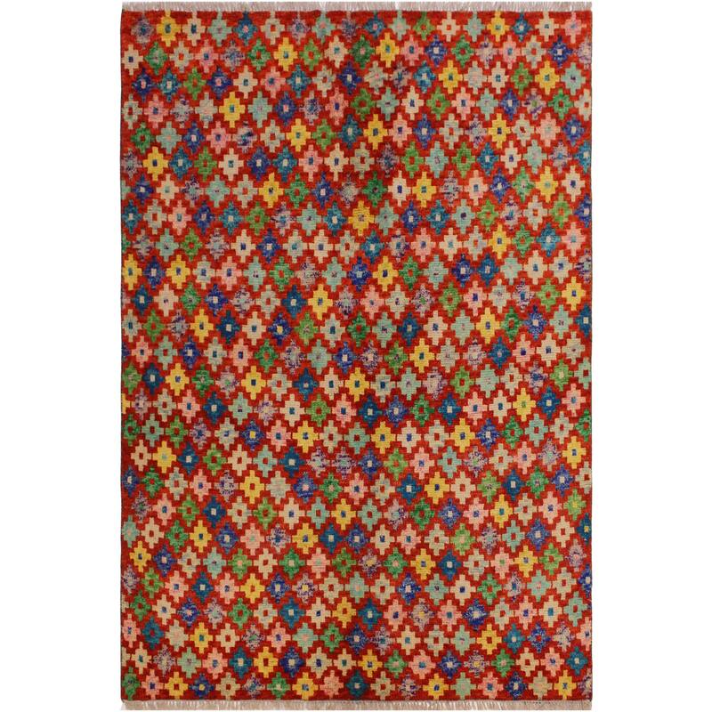 Eclectic Balochi Grimes Red/Blue Hand Knotted Wool Rug - 4'10'' x 6'4''