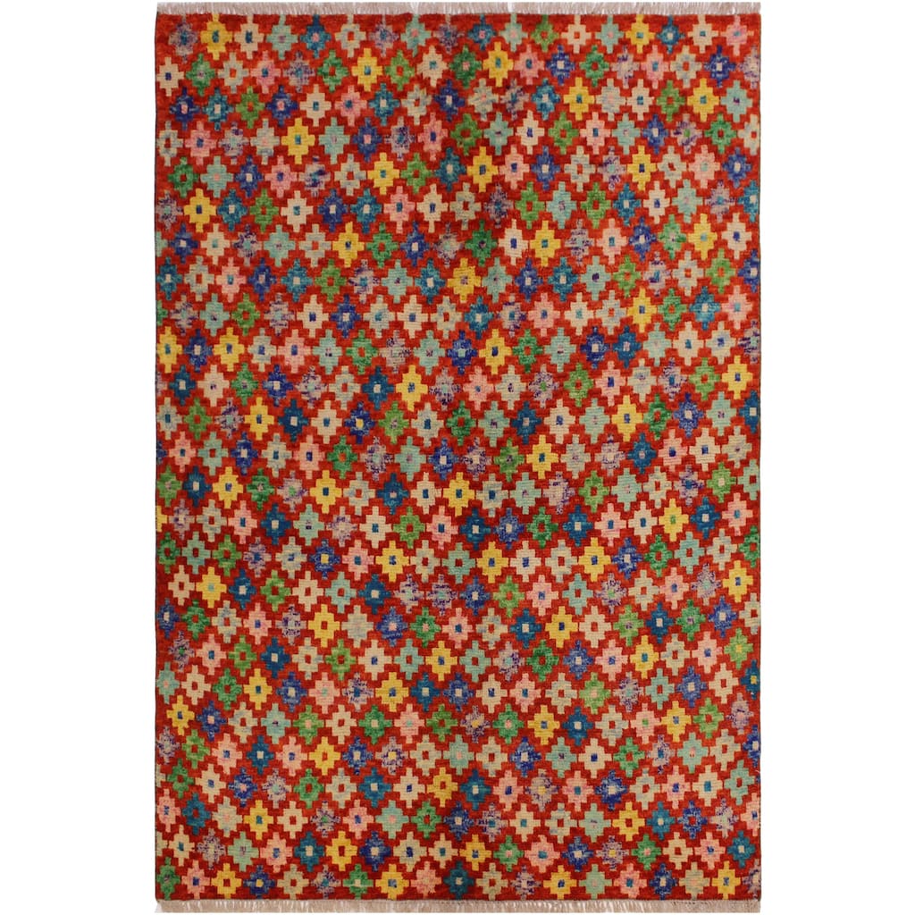 Eclectic Balochi Grimes Red/Blue Hand Knotted Wool Rug - 4'10'' x 6'4''