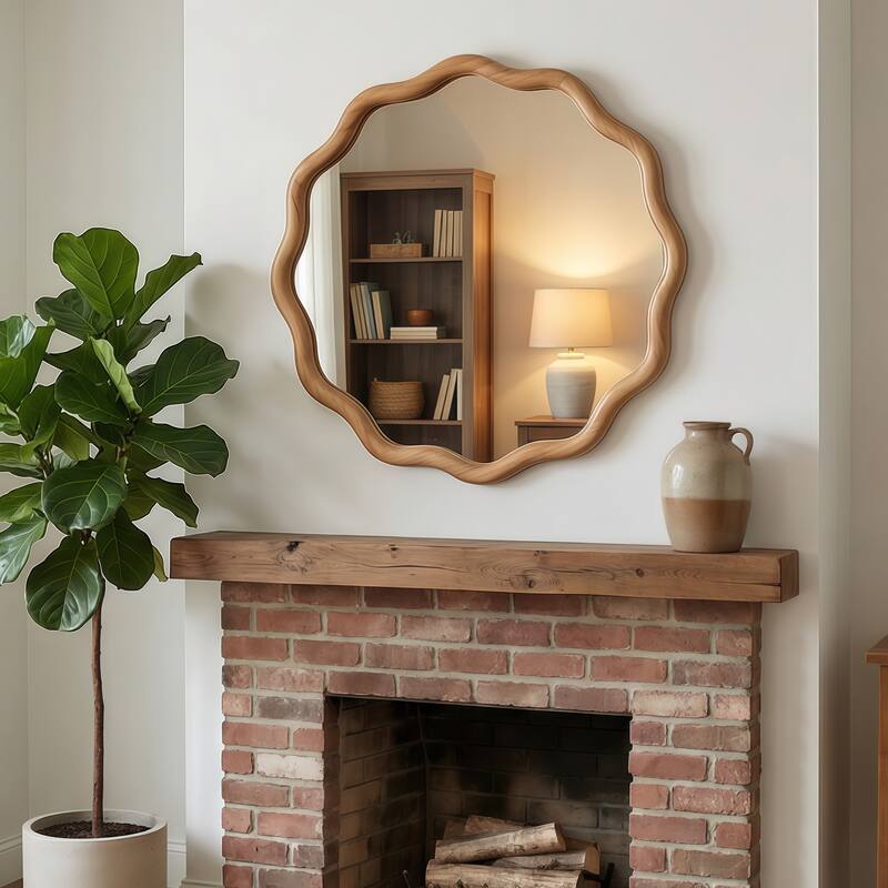 24 inch Wavy Round Solid Wood Frame Decorative Mirror