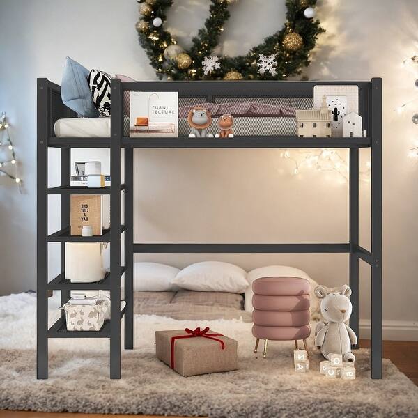 slide 2 of 13, Modern Style Twin Size Metal Loft Bed with 4-Tier Shelves and Storage, Creative Structure, Storage Space, Good Stability, Black Black