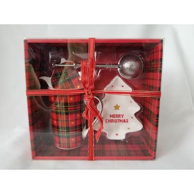 Mug Set (400ml Mug, Tree Dish, Tea Bag Holder, Infuser) - Red Plaid