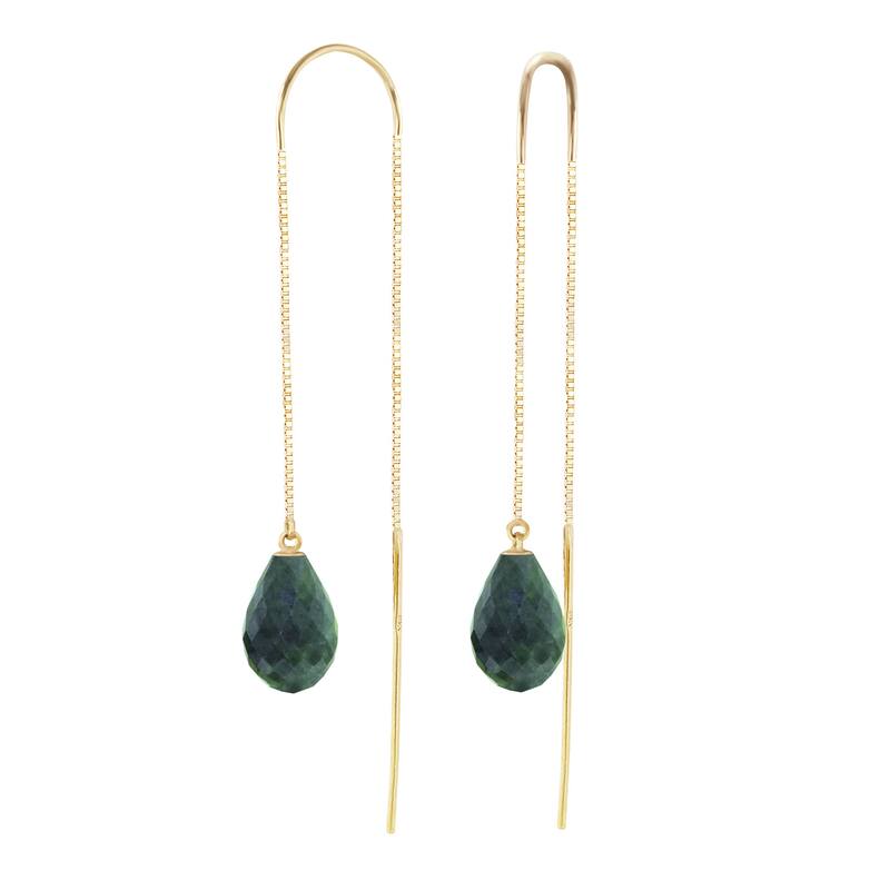 14K Solid Gold Threaded Dangles Gemstone Earrings with Emeralds - Yellow