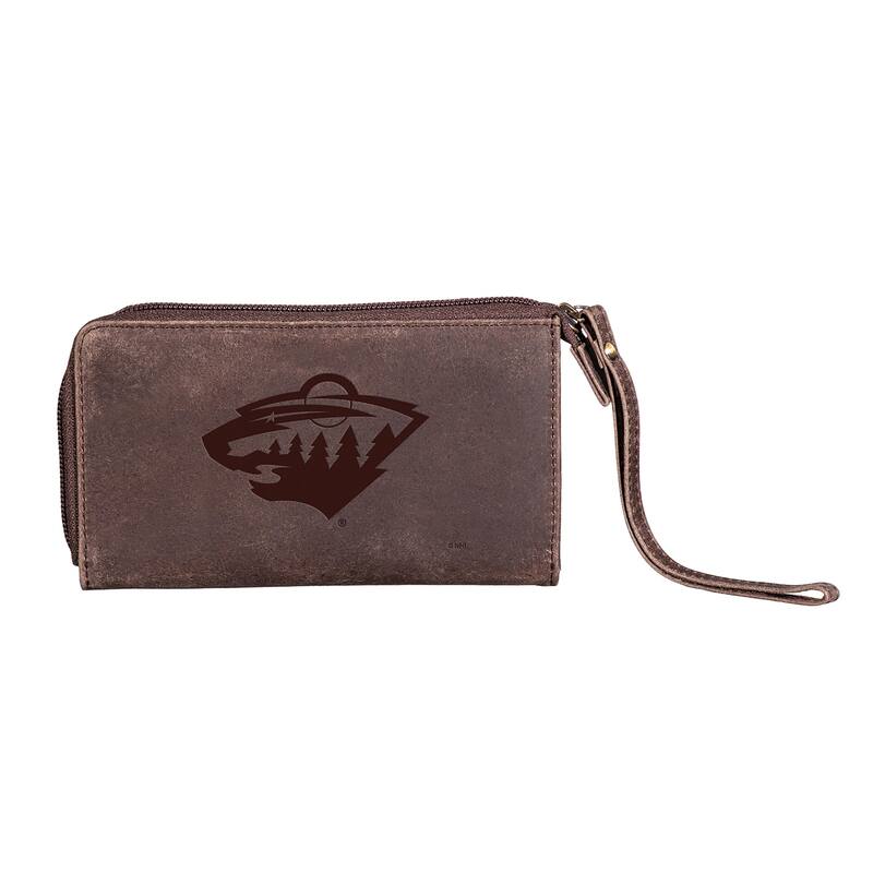 Brown Leather Cell Phone Wristlet Wallet, Minnesota Wild - 4" x 7"