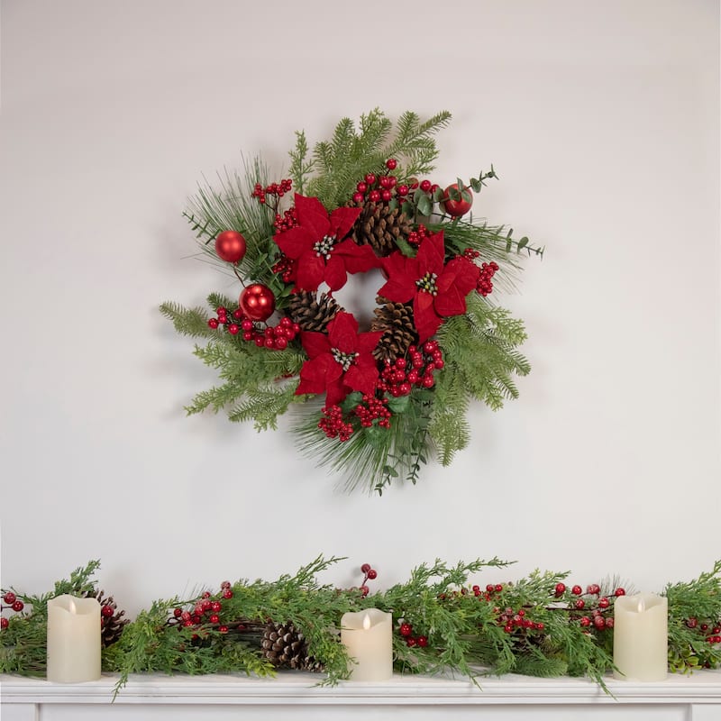 Artificial Red Berry and Poinsettia Christmas Wreath 22-Inch Unlit - 22"