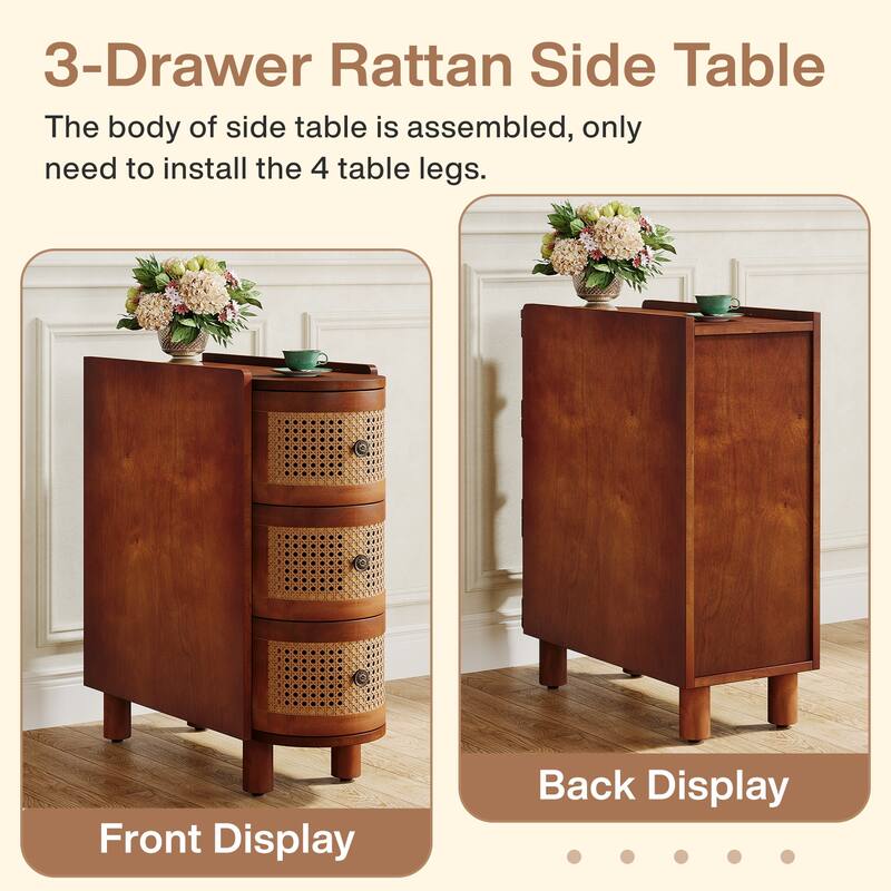 Solid Wood End Side Table 3-Drawer Rattan Bedside Table Nightstand