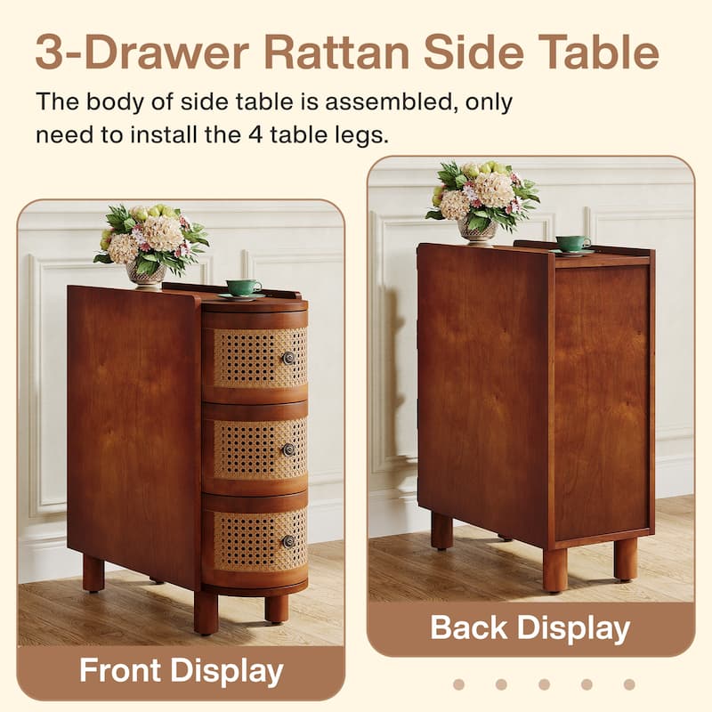 Solid Wood End Table, 3-Drawer Rattan Side Table, Night Stand with Exquisite Embossed Handles