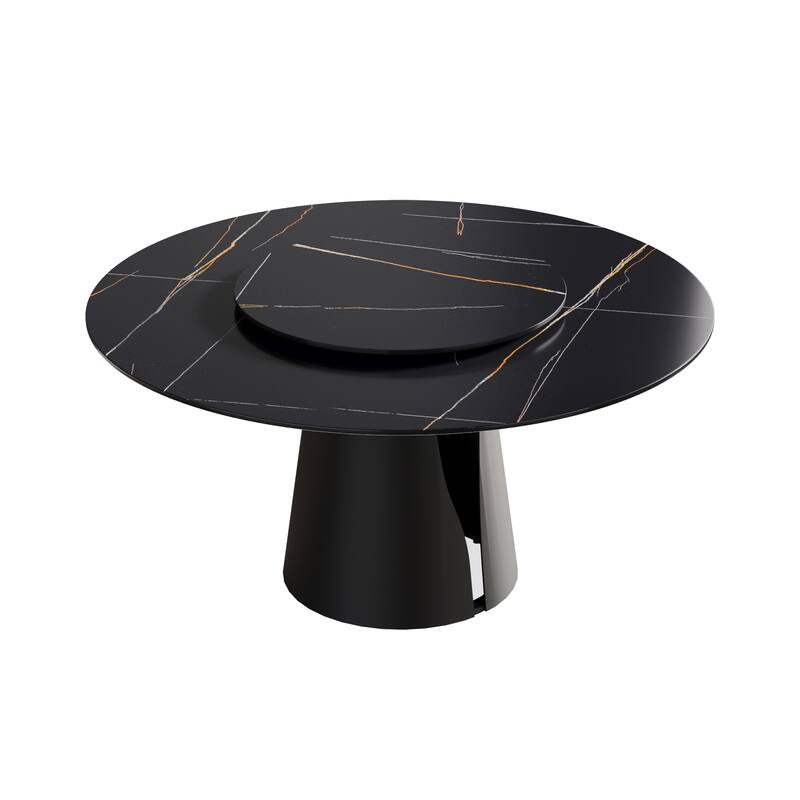 59.05"Modern artificial stone round carbon steel base dining table-can accommodate 6 people-31.5"black artificial stone