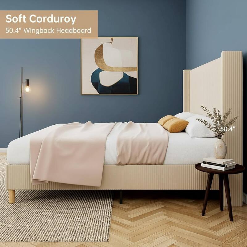 Corduroy Upholstered Platform Bed Frame, No Box Spring Needed