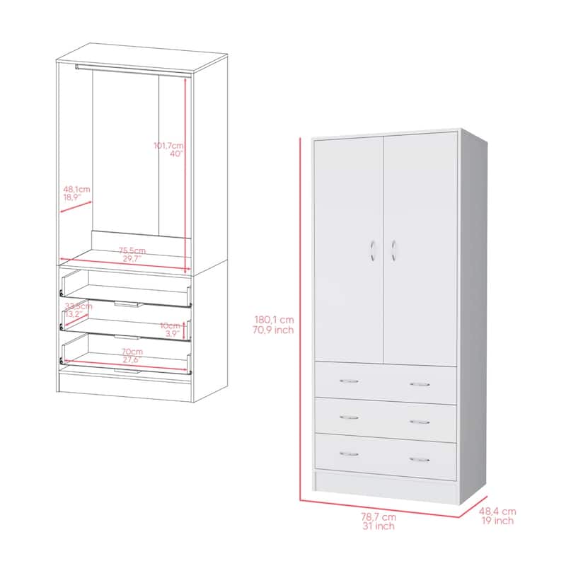 19" Modern Double-door Armoire with Integrated Hanging Rod and Storage Drawers