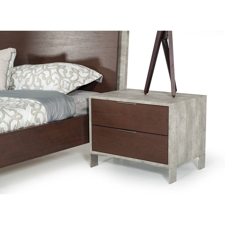 Modern Dark Walnut and Concrete Nightstand with Two Drawers Bed Bath