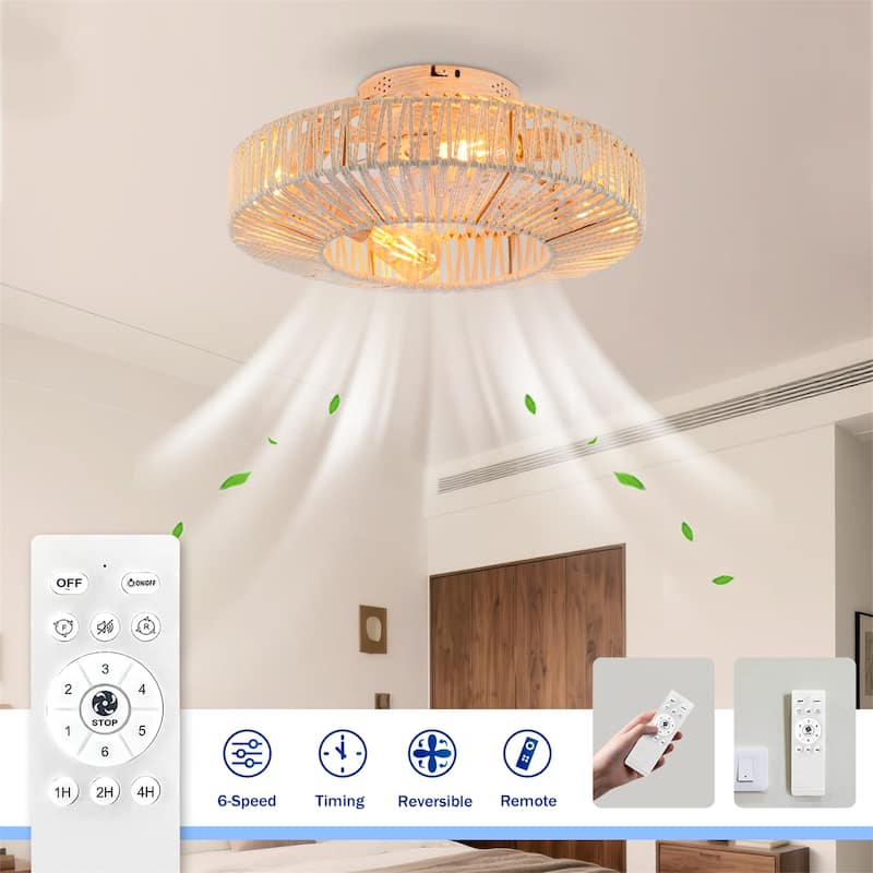 20" Rope Caged Ceiling Fans with Remote and Low Profile Chandelier 6 Speed, NOT Included Bulbs