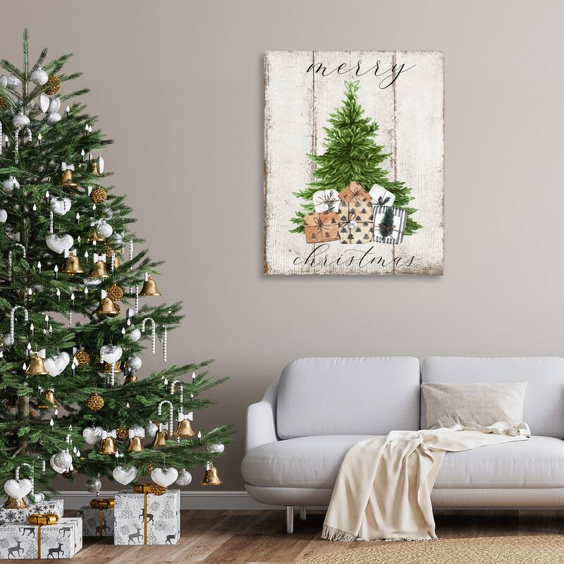 Stupell Rustic Distressed Merry Christmas Tree Illustration Canvas Wall Art