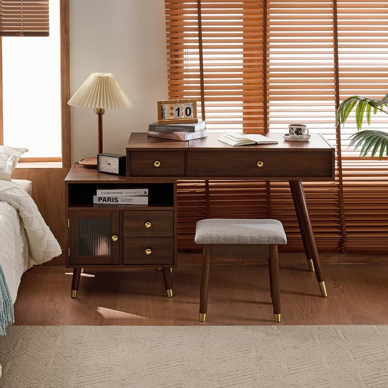 3-in-1 Vanity Desk with Lighted Flip-Top Mirror & Retractable Side Cabinet, Vanity Set with Stool & Storage Drawers