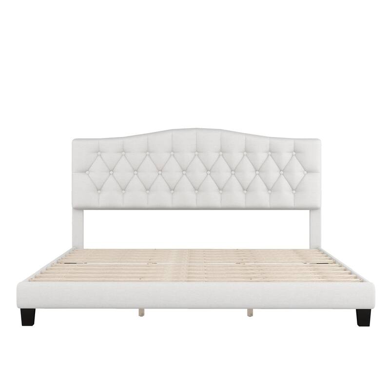 Beige Linen Upholstered Wood Platform Bed with Tufted Curved Headboard
