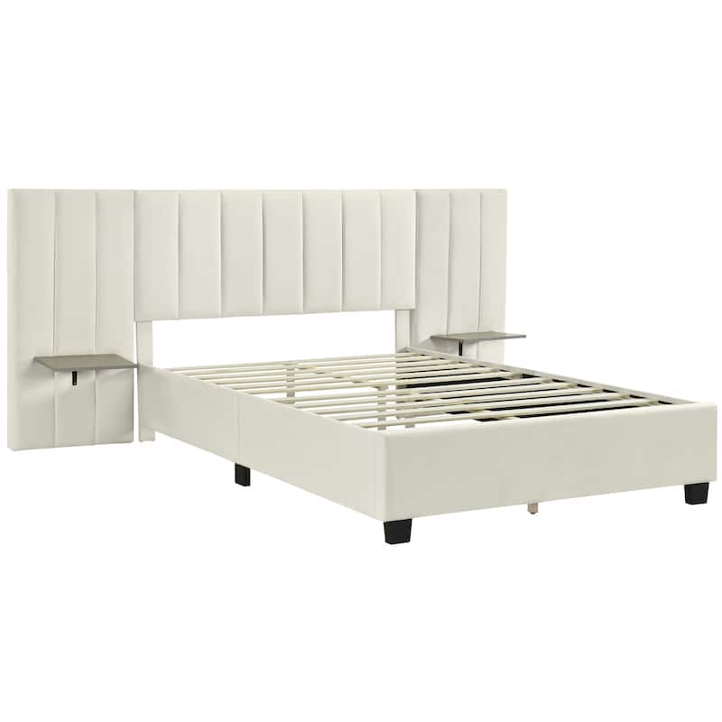HomeRoots Beige Tufted Velvet Upholstered Queen Bed Frame