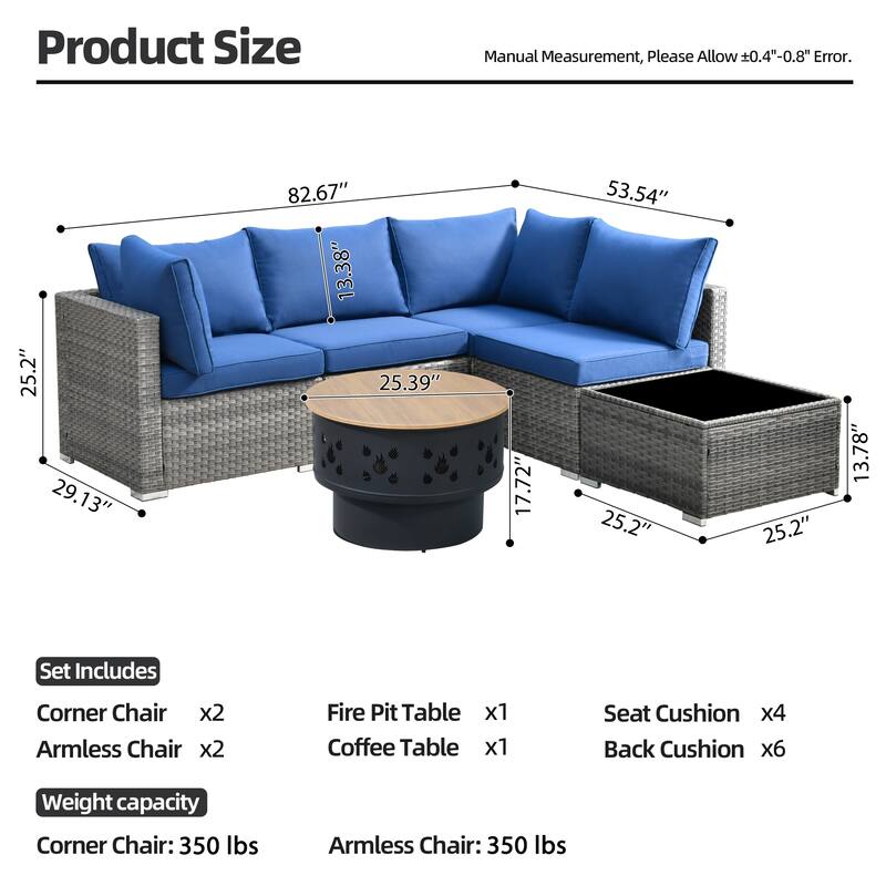 XIZZI 6-piece Outdoor Wicker Furniture Sectional Set with Wood Burning Firepit
