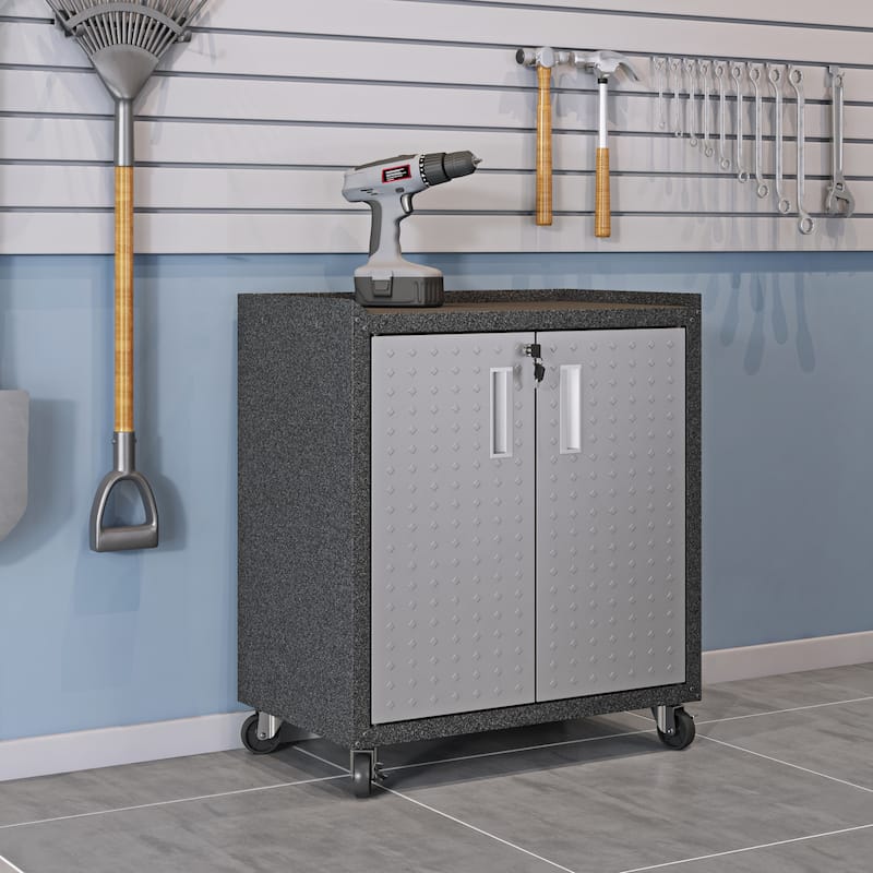Fortress Textured Metal 31.5" Garage Mobile Cabinet with 2 Adjustable Shelves in Grey - Grey