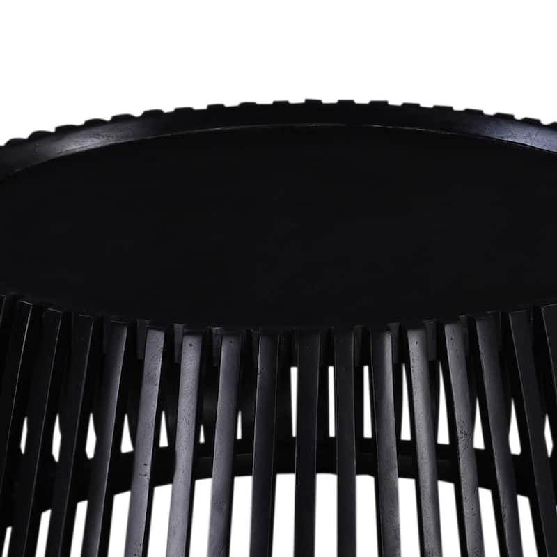 Coffee Table, 31 Inch Round Top, Slatted Drum Shape, Black Mango Wood