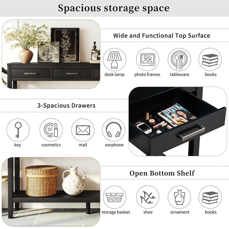 62.2" Modern Farmhouse Console Table with 3 Drawers & Open Shelf