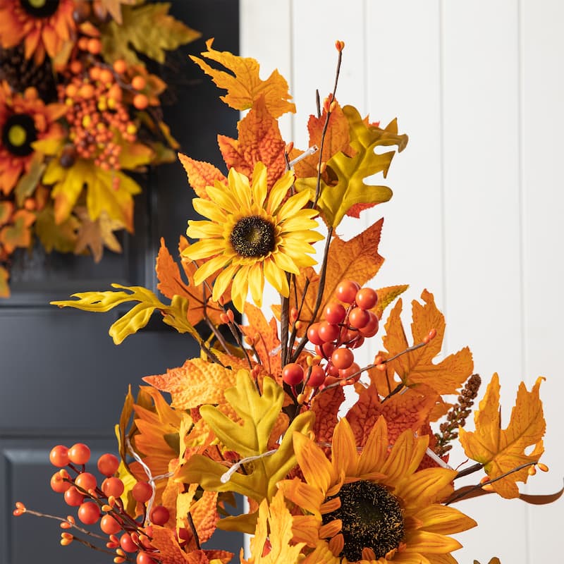 Glitzhome 48"H Fall Lighted Maple Leaf Sunflower Urn Porch Trees with Timer