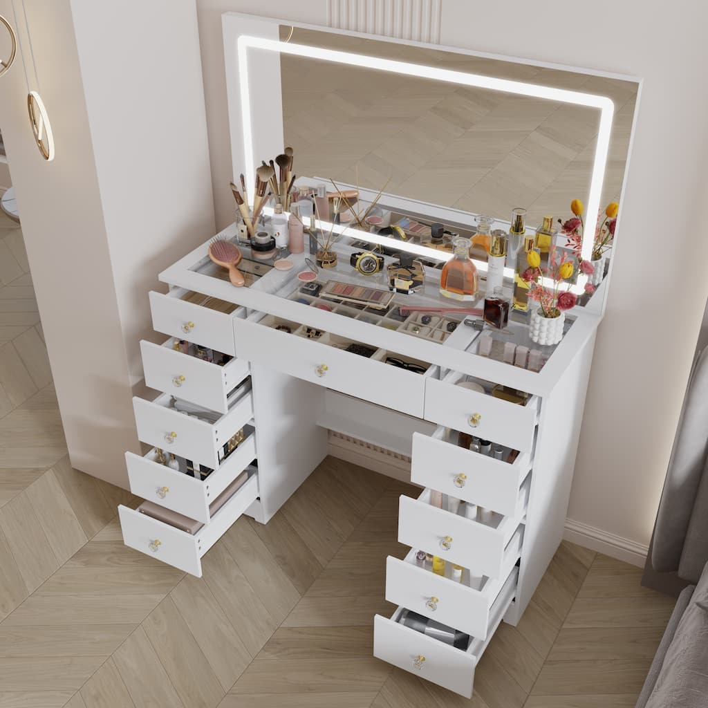 White Vanity Desk with Large LED Lighted Mirror & Glass Tabletop, Makeup Table with 11 Drawers