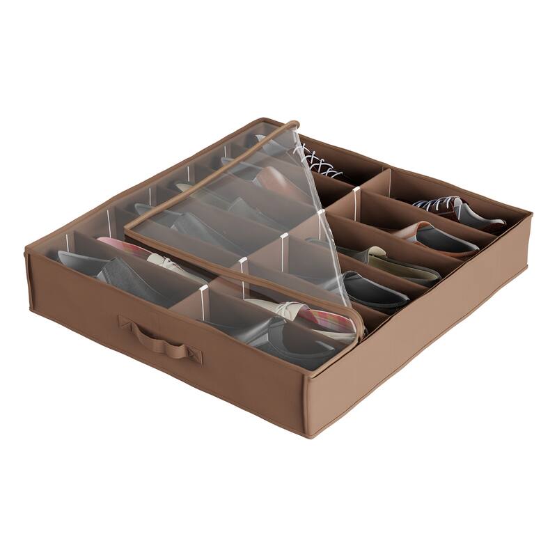 Under-Bed Shoe Organizer - Nylon Storage Bin with Clear Plastic Zippered Cover by Everyday Home (Brown)