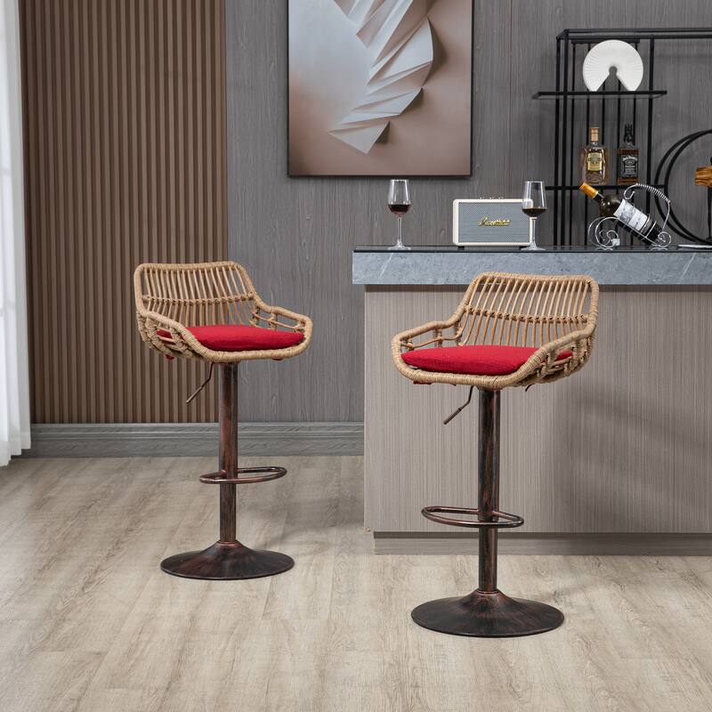 360° Swivel Bar Stools Set of 2, Adjustable Counter Height Chairs with Footrest, Rattan Bar Chairs with Cushions - Red