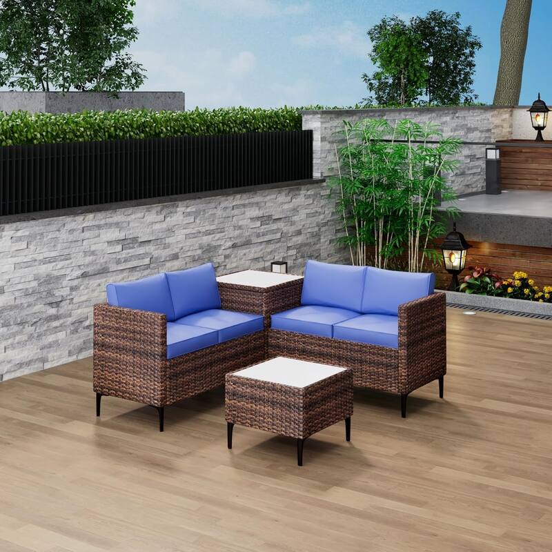 4-Piece Patio Sectional Sofa Set with Coffee Table and Storage Box - Brown & Blue