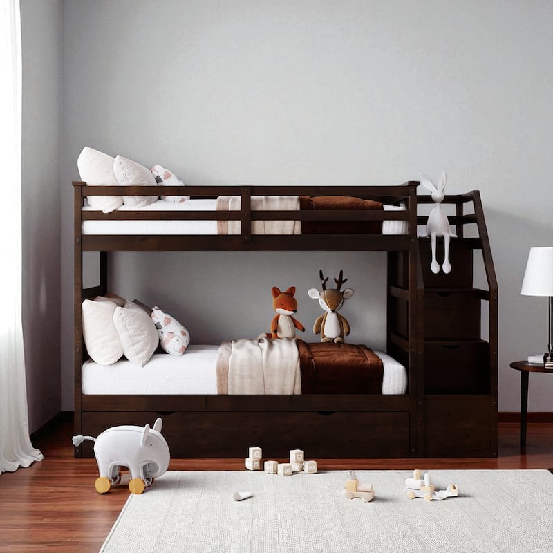 Twin Over Twin Bunk Bed with Trundle and 3 Storage Stairs, Solid Wood Frame, No Box Spring Required