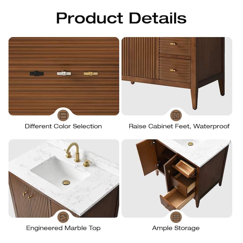 Vanity Art 36" Single Sink Bathroom Vanity Cabinet with Engineered Marble Countertop