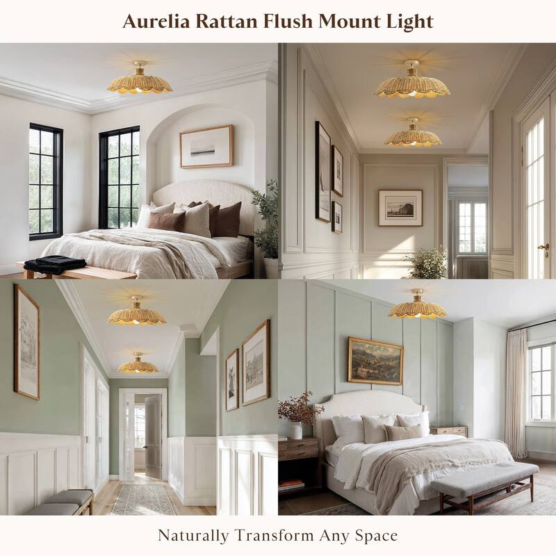 Aurelia Rattan Flush Mount - Rattan Natural 1-Light Handwoven Ceiling Light for Dining Room or Living Room in Modern, Boho Style