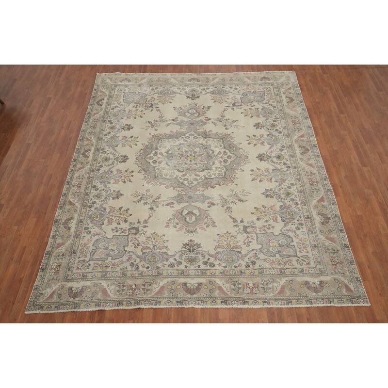 Hand Knotted Oriental 100% Wool Carpet Traditional Floral Beige & Ivories Tabriz Area Rug - 12' 3'' X 10' 0''