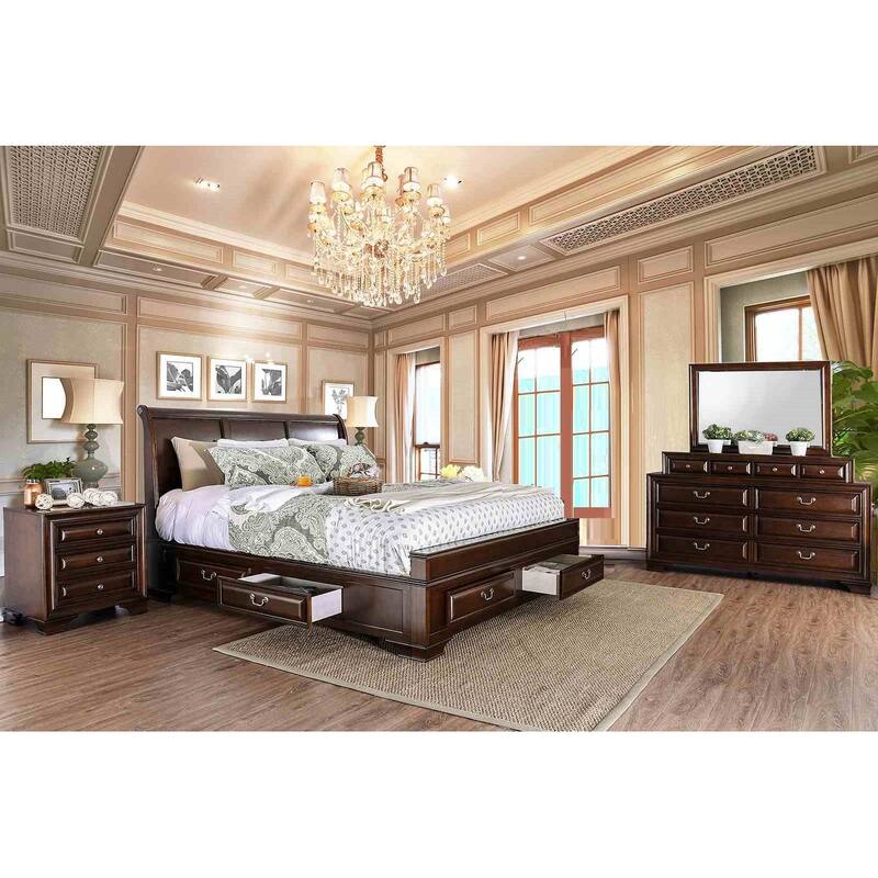 Transitional Brown Cherry Finish 4 Piece Bedroom Set Storage Bed with USB Nightstand