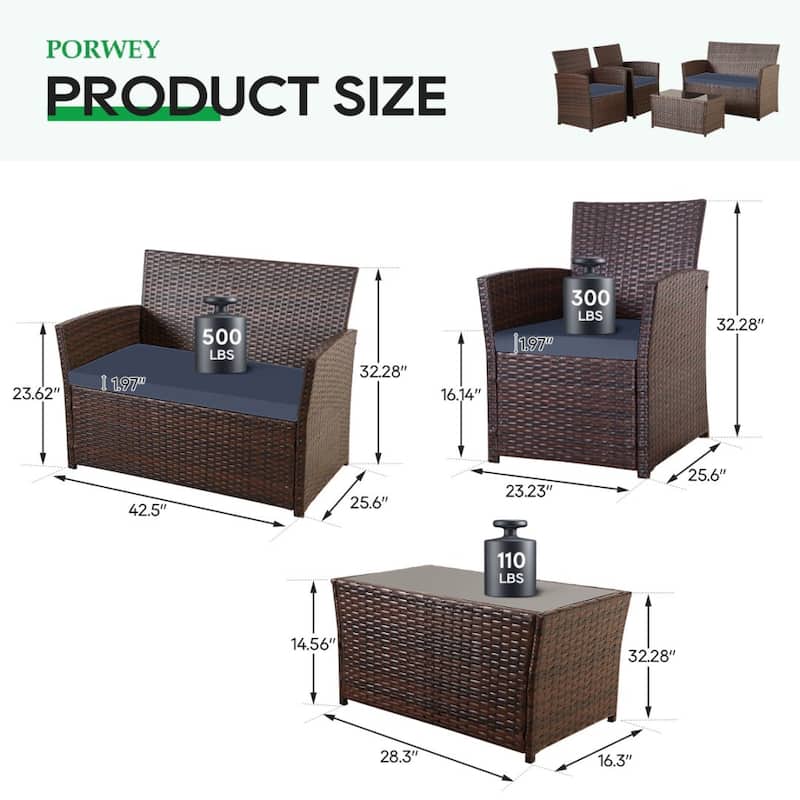 4-Piece Wicker Outdoor Sofa Set, 1 Loveseats, 2 Single Sofas, 1 Table