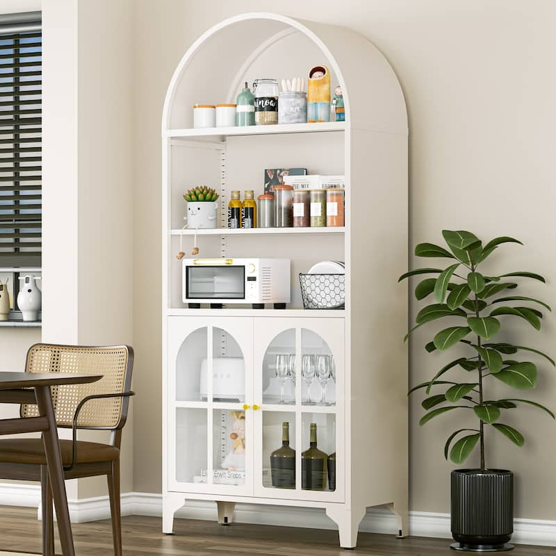 73.6-Inch Arched Metal Storage Display Cabinet with Adjustable Shelves - Arched Cross Doors - White