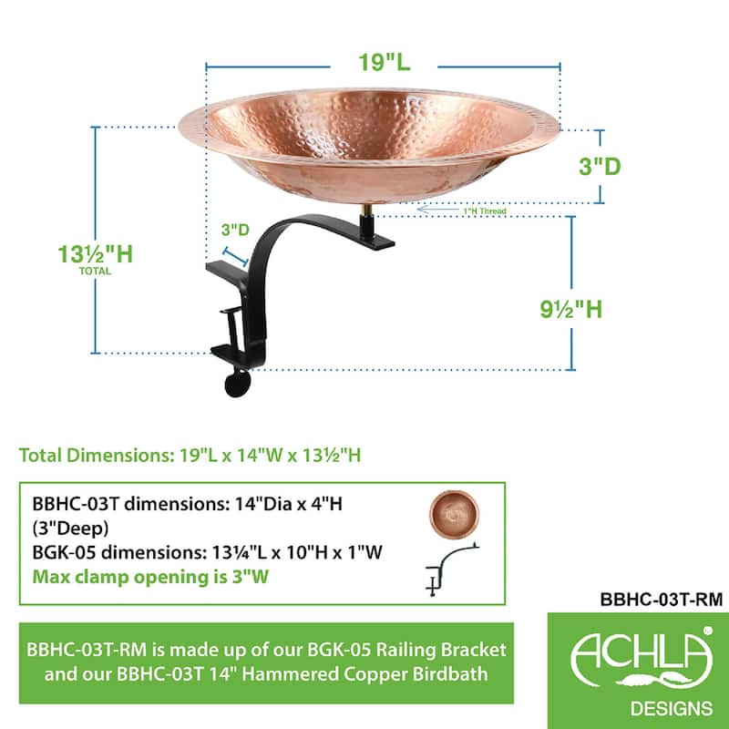 Achla Designs 19" W Round Satin Hammered Solid Copper Birdbath Bowl w/Black Wrought Iron Rail Mount Bracket