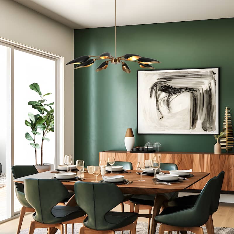 Modern 8-Light Large Black Gold Wheel Chandelier Metal Pendant Lights for Dining Room with Adjustable Head