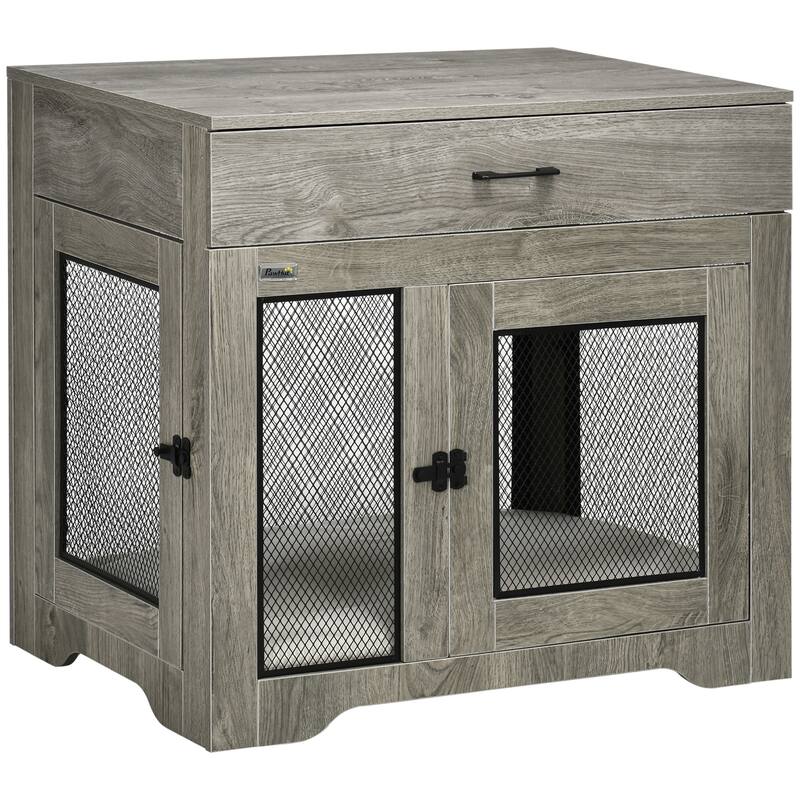 PawHut Dog Crate Furniture with Soft Water-Resistant Cushion, Dog Crate End Table with Drawer - Grey - Grey