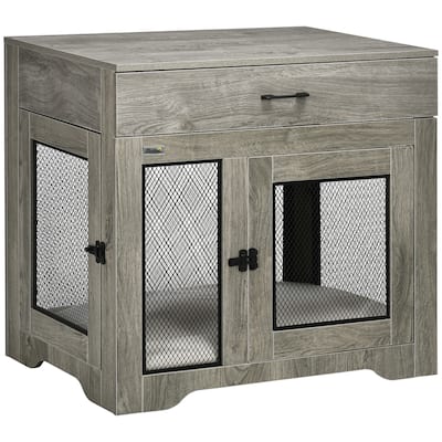 PawHut Dog Crate Furniture with Soft Water-Resistant Cushion, Dog Crate End Table with Drawer - Grey