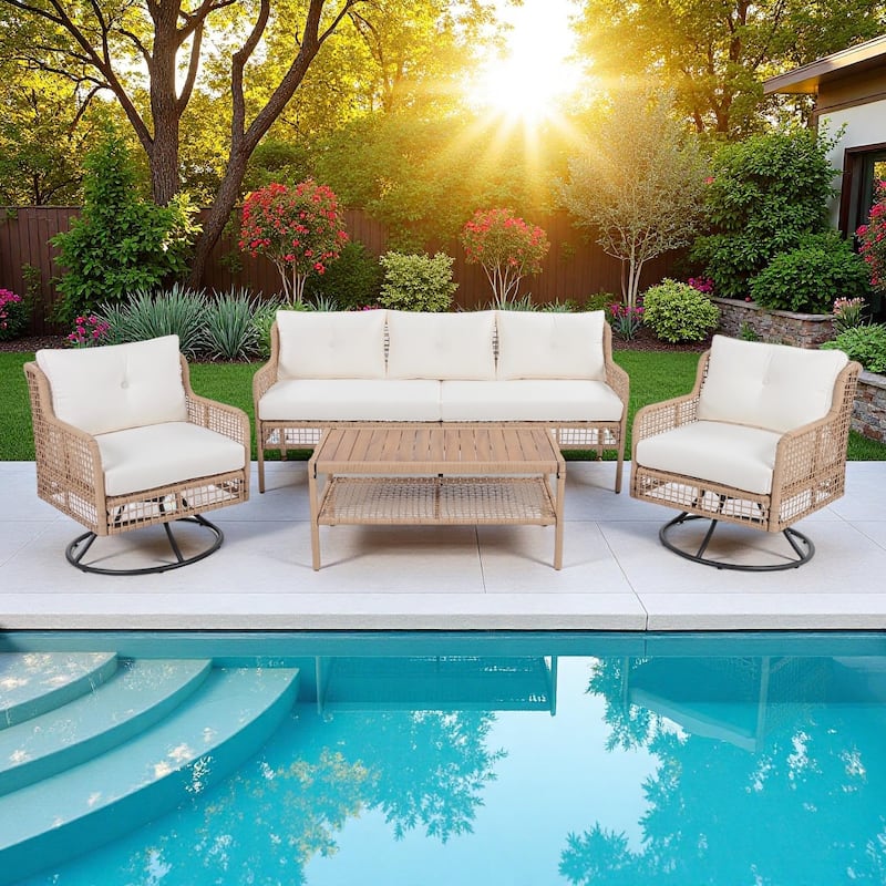 4-Pieces Outdoor Rattan Conversation Sofa Set with Swivel Chairs and Coffee Table - Beige