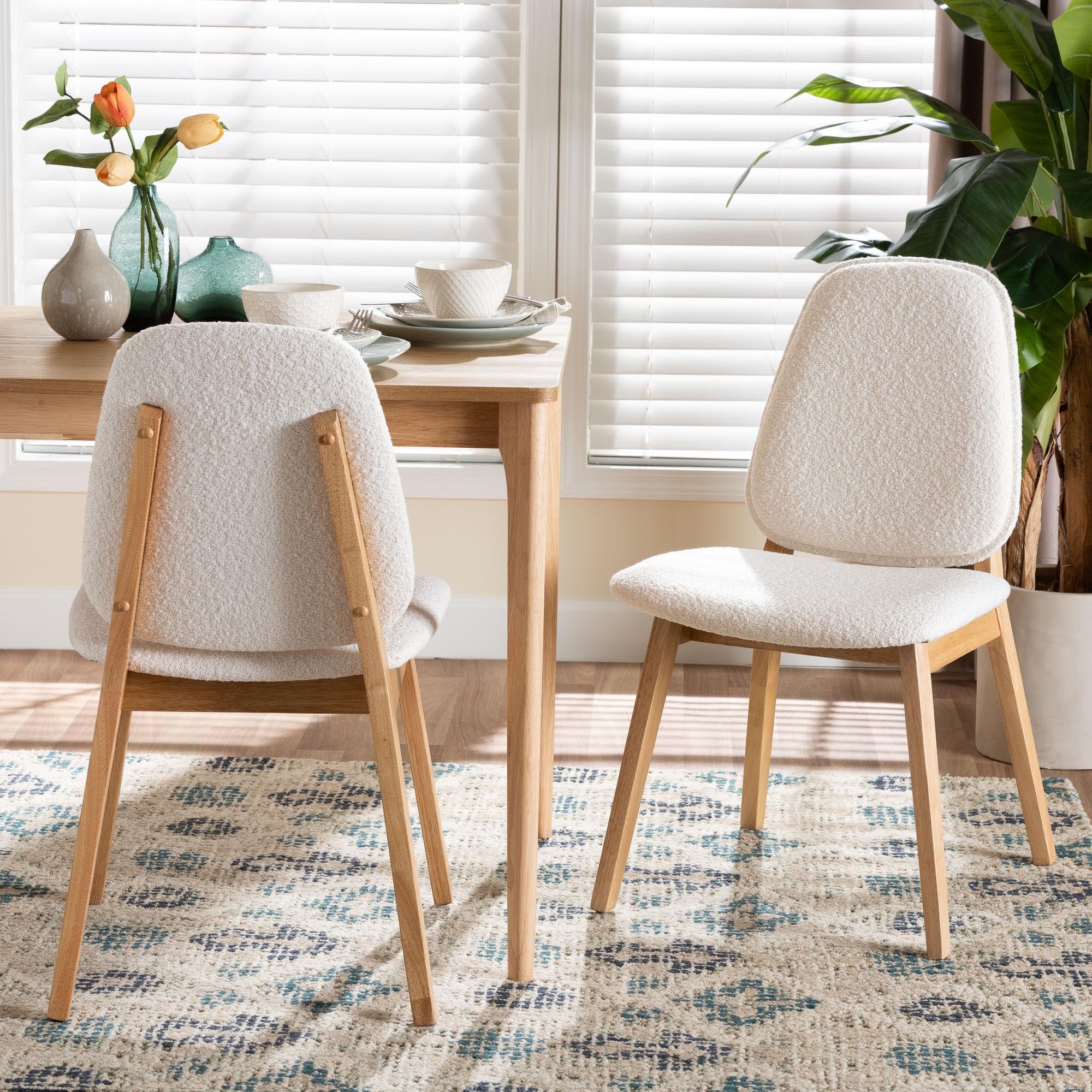 Hudson Boucle Upholstered Dining Chair Set of 2- Mid-Century Chair with Solid Wood Frame and Rounded Backrest, Natural and White