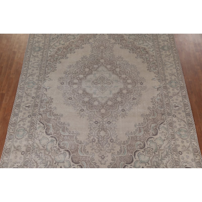 Hand Knotted Oriental 100% Wool Carpet Traditional Medallion Beige & Ivories Tabriz Area Rug - 12' 2'' X 9' 8''