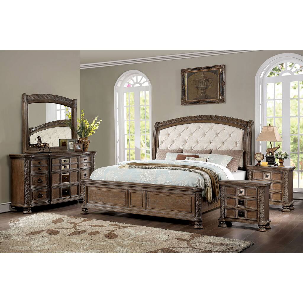 Cimarron Transitional Brown Wood 5-Piece Tufted Panel Bedroom Set by Furniture of America
