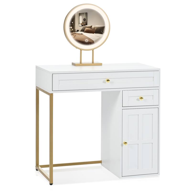Makeup Vanity Desk with Lighted Mirror, Luxury Dressing Table with 2 Drawers 1 Cabinet, 3 Lighting Modes Available for Bedroom