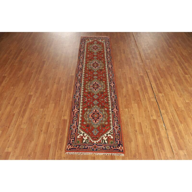 Hand Knotted Oriental 100% Wool Carpet Traditional Geometric Oranges & Rust Heriz (serapi) Runner Rug - 10' 0'' X 2' 6''