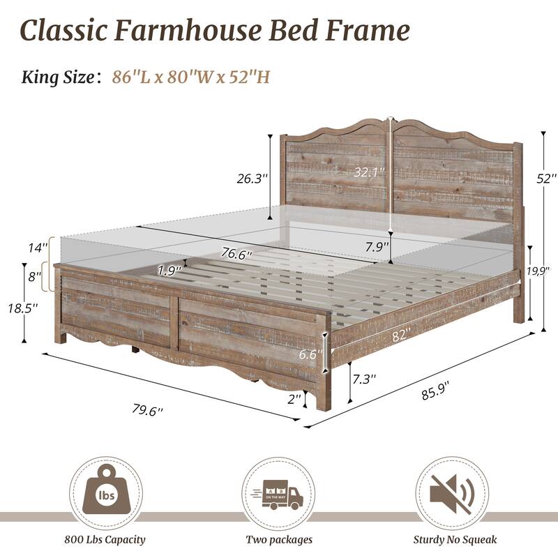 Modern Bed Solid Wood Platform Bed Frame Queen/King Size Bed with Headboard and Wood Slat Support for Bedroom